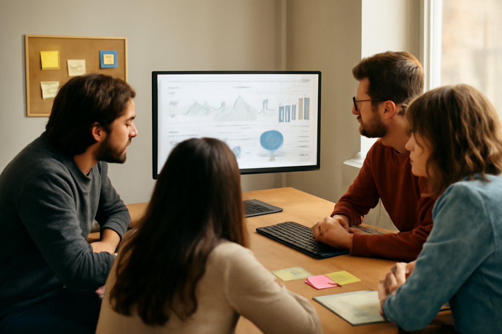 Tim pengembang game membaca dashboard analitik di layar monitor kantor
