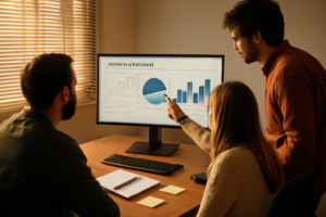 Tim pengembang game membaca grafik analitik data pemain di layar monitor