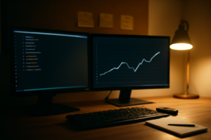 Meja kerja pengembang game dengan daftar nama event analitik di monitor dan catatan skema di dinding