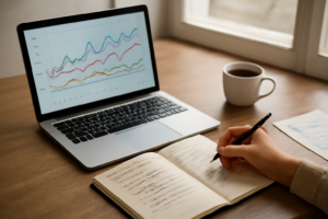 Meja analis data dengan laptop menampilkan grafik retensi pemain game