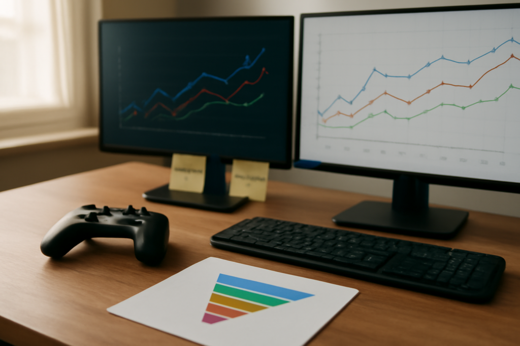 Meja analis dengan diagram funnel dan grafik data game di layar monitor