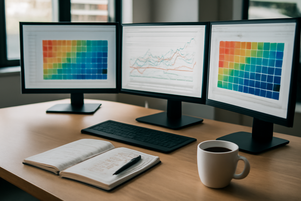 Meja analis data dengan layar menampilkan heatmap retensi kohort dan grafik garis