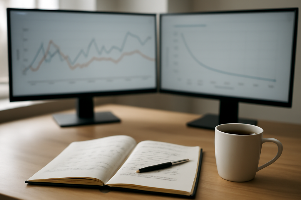 Meja analis dengan dua monitor menampilkan grafik metrik game dan catatan perbandingan