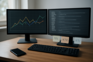 Meja analis dengan dua monitor menampilkan grafik data game dan ponsel untuk pengujian