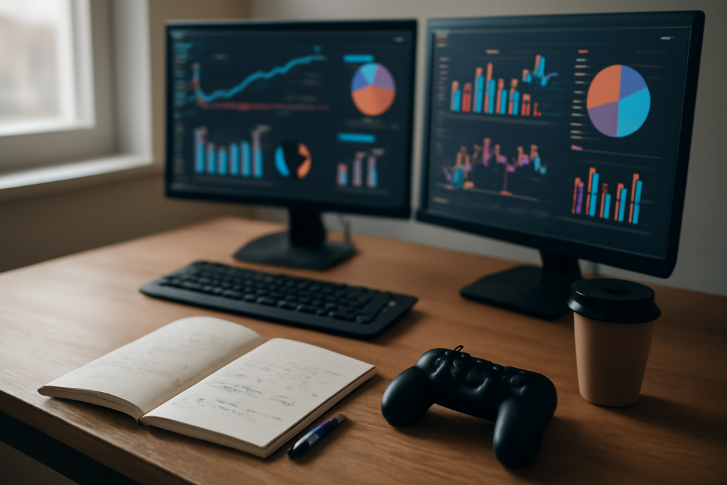 Meja kerja tim pengembang game dengan dashboard analitik di layar monitor